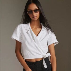Cloth & Stone Wrap Front Crop Top Shirt in White Size Large